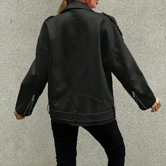 Black Casual Women's Zip Up Flap Detail Belted Moto Jacket - Picture 2 of 6